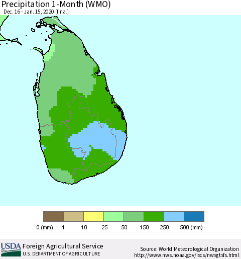 Sri Lanka Precipitation 1-Month (WMO) Thematic Map For 12/16/2019 - 1/15/2020