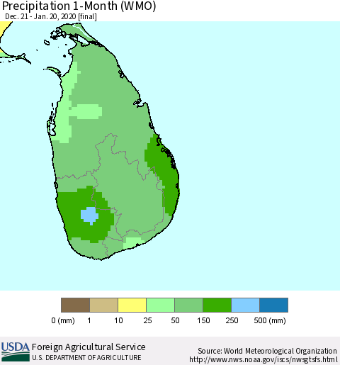 Sri Lanka Precipitation 1-Month (WMO) Thematic Map For 12/21/2019 - 1/20/2020