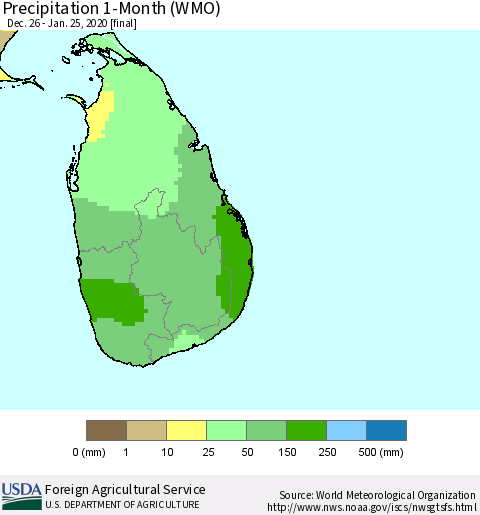 Sri Lanka Precipitation 1-Month (WMO) Thematic Map For 12/26/2019 - 1/25/2020