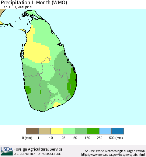 Sri Lanka Precipitation 1-Month (WMO) Thematic Map For 1/1/2020 - 1/31/2020