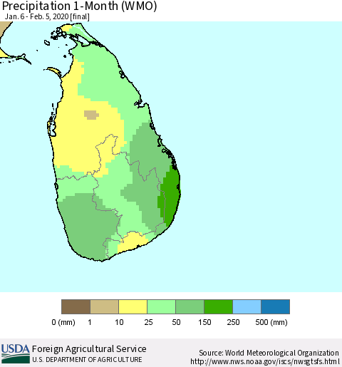 Sri Lanka Precipitation 1-Month (WMO) Thematic Map For 1/6/2020 - 2/5/2020