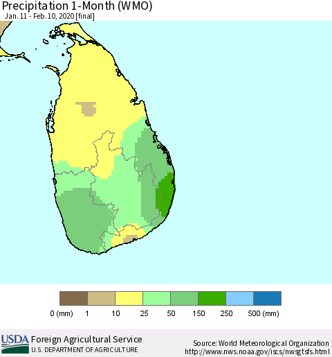 Sri Lanka Precipitation 1-Month (WMO) Thematic Map For 1/11/2020 - 2/10/2020