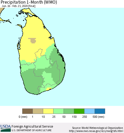 Sri Lanka Precipitation 1-Month (WMO) Thematic Map For 1/16/2020 - 2/15/2020
