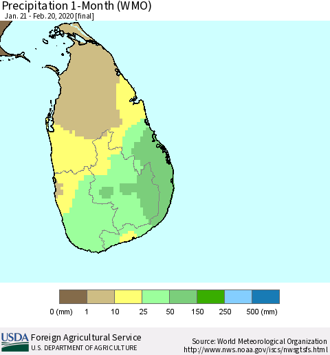 Sri Lanka Precipitation 1-Month (WMO) Thematic Map For 1/21/2020 - 2/20/2020