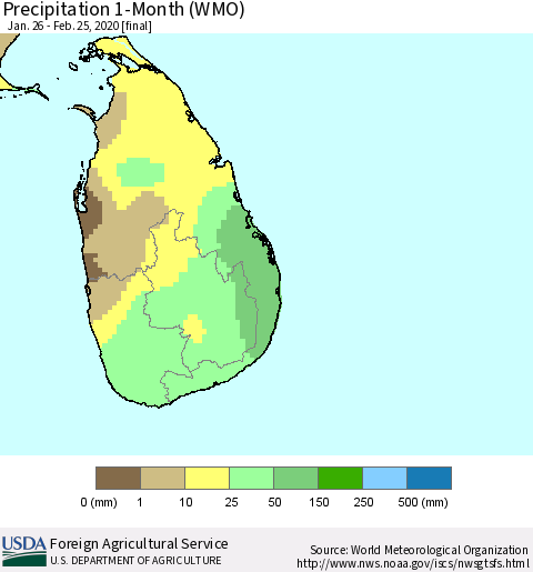 Sri Lanka Precipitation 1-Month (WMO) Thematic Map For 1/26/2020 - 2/25/2020