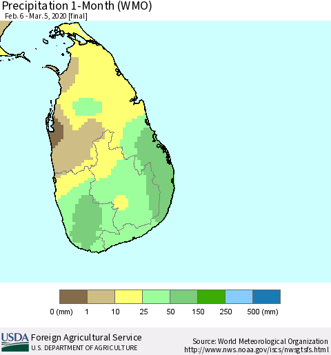 Sri Lanka Precipitation 1-Month (WMO) Thematic Map For 2/6/2020 - 3/5/2020
