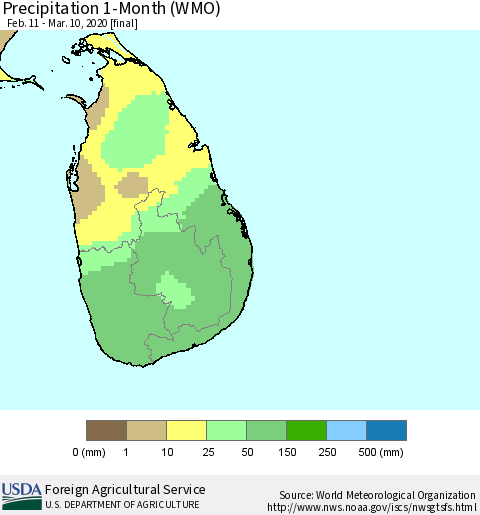 Sri Lanka Precipitation 1-Month (WMO) Thematic Map For 2/11/2020 - 3/10/2020
