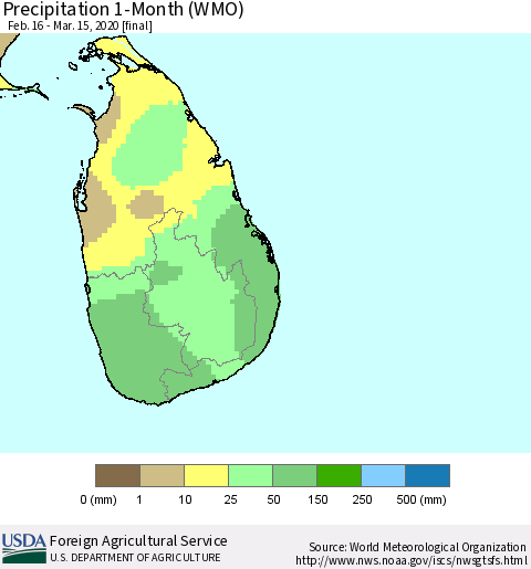 Sri Lanka Precipitation 1-Month (WMO) Thematic Map For 2/16/2020 - 3/15/2020