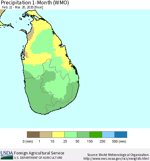 Sri Lanka Precipitation 1-Month (WMO) Thematic Map For 2/21/2020 - 3/20/2020