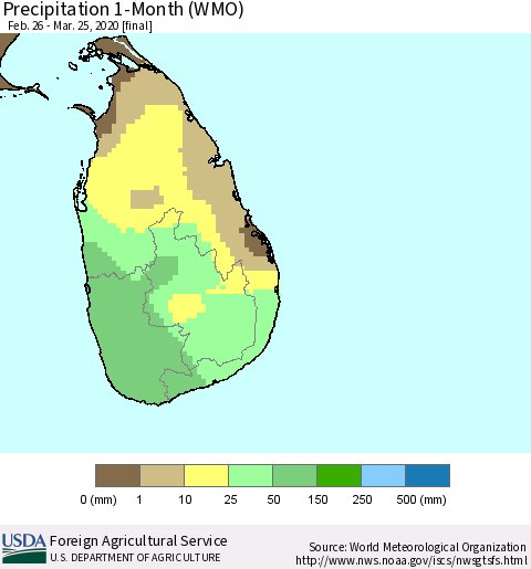 Sri Lanka Precipitation 1-Month (WMO) Thematic Map For 2/26/2020 - 3/25/2020