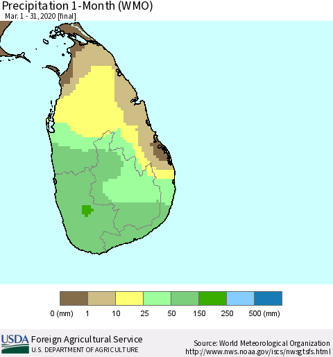 Sri Lanka Precipitation 1-Month (WMO) Thematic Map For 3/1/2020 - 3/31/2020