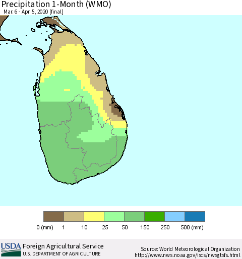 Sri Lanka Precipitation 1-Month (WMO) Thematic Map For 3/6/2020 - 4/5/2020