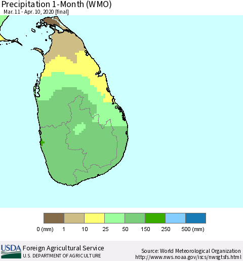 Sri Lanka Precipitation 1-Month (WMO) Thematic Map For 3/11/2020 - 4/10/2020