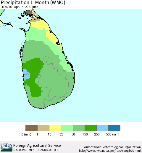 Sri Lanka Precipitation 1-Month (WMO) Thematic Map For 3/16/2020 - 4/15/2020