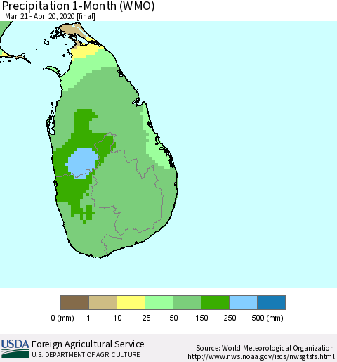 Sri Lanka Precipitation 1-Month (WMO) Thematic Map For 3/21/2020 - 4/20/2020