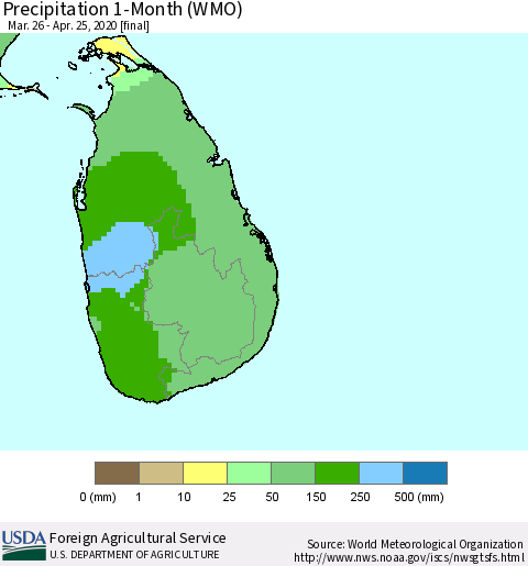 Sri Lanka Precipitation 1-Month (WMO) Thematic Map For 3/26/2020 - 4/25/2020