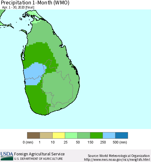 Sri Lanka Precipitation 1-Month (WMO) Thematic Map For 4/1/2020 - 4/30/2020