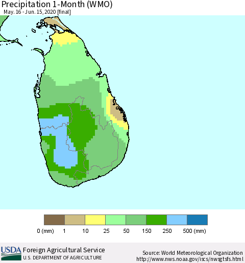 Sri Lanka Precipitation 1-Month (WMO) Thematic Map For 5/16/2020 - 6/15/2020