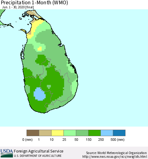 Sri Lanka Precipitation 1-Month (WMO) Thematic Map For 6/1/2020 - 6/30/2020