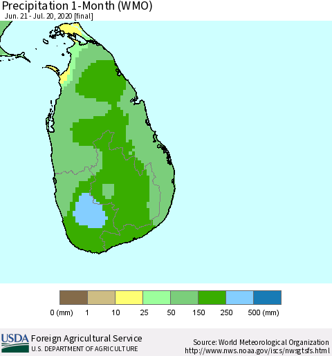 Sri Lanka Precipitation 1-Month (WMO) Thematic Map For 6/21/2020 - 7/20/2020