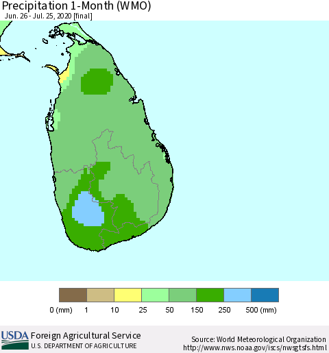 Sri Lanka Precipitation 1-Month (WMO) Thematic Map For 6/26/2020 - 7/25/2020