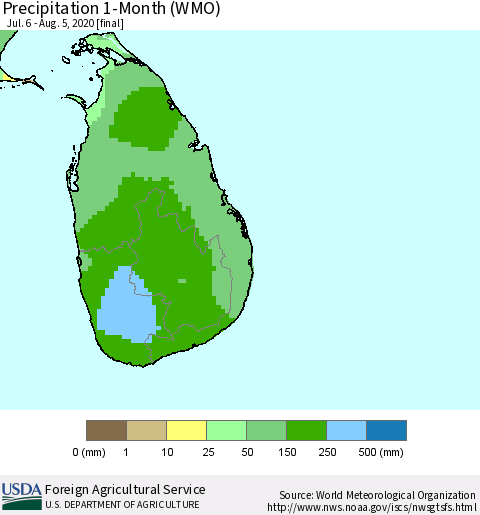 Sri Lanka Precipitation 1-Month (WMO) Thematic Map For 7/6/2020 - 8/5/2020