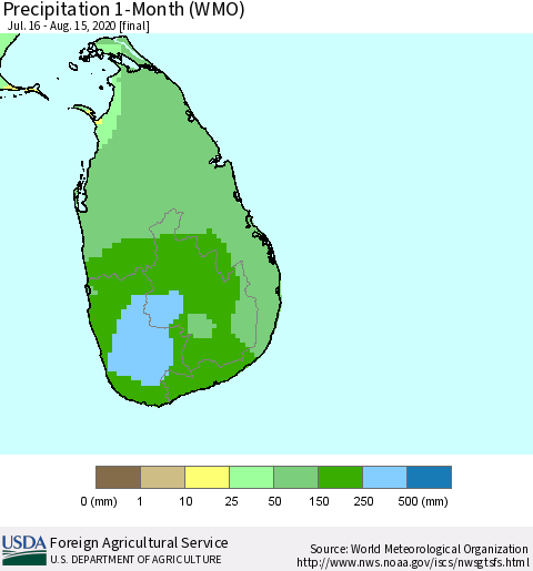 Sri Lanka Precipitation 1-Month (WMO) Thematic Map For 7/16/2020 - 8/15/2020