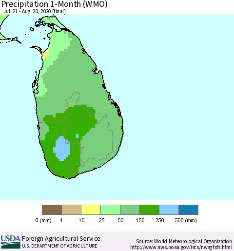 Sri Lanka Precipitation 1-Month (WMO) Thematic Map For 7/21/2020 - 8/20/2020