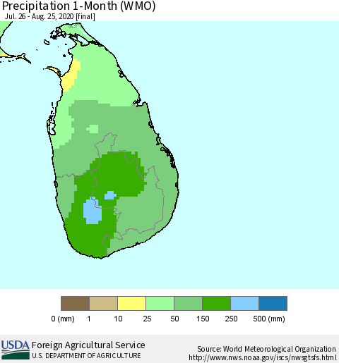 Sri Lanka Precipitation 1-Month (WMO) Thematic Map For 7/26/2020 - 8/25/2020