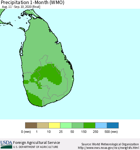 Sri Lanka Precipitation 1-Month (WMO) Thematic Map For 8/11/2020 - 9/10/2020