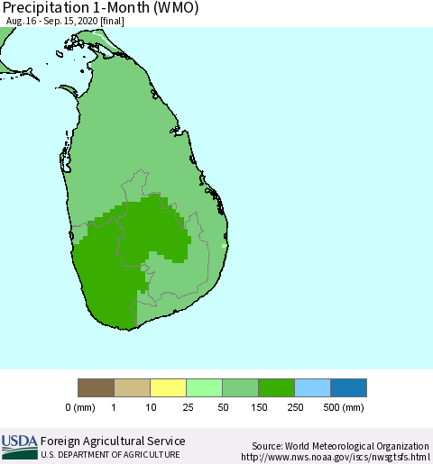 Sri Lanka Precipitation 1-Month (WMO) Thematic Map For 8/16/2020 - 9/15/2020