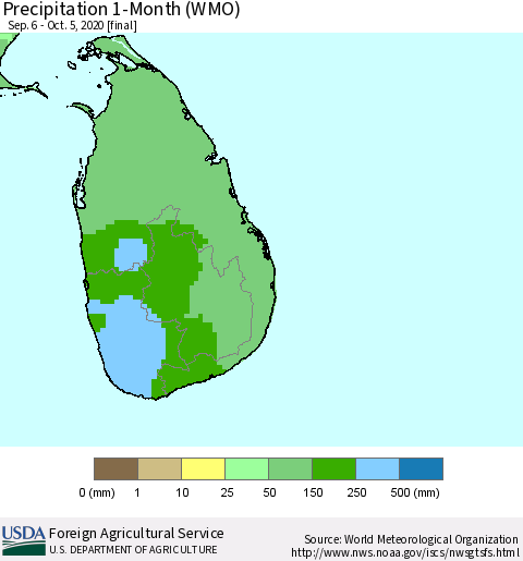 Sri Lanka Precipitation 1-Month (WMO) Thematic Map For 9/6/2020 - 10/5/2020