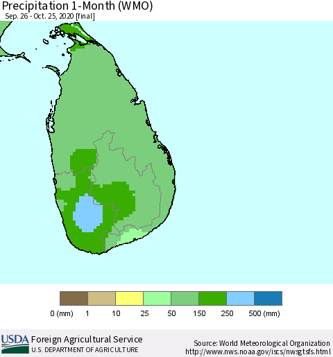 Sri Lanka Precipitation 1-Month (WMO) Thematic Map For 9/26/2020 - 10/25/2020