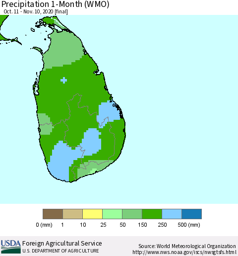 Sri Lanka Precipitation 1-Month (WMO) Thematic Map For 10/11/2020 - 11/10/2020