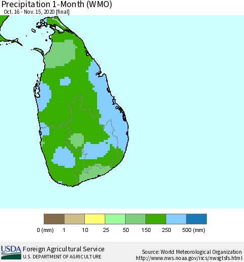 Sri Lanka Precipitation 1-Month (WMO) Thematic Map For 10/16/2020 - 11/15/2020