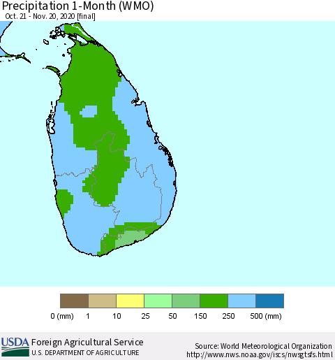 Sri Lanka Precipitation 1-Month (WMO) Thematic Map For 10/21/2020 - 11/20/2020