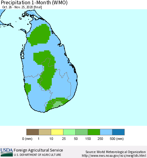 Sri Lanka Precipitation 1-Month (WMO) Thematic Map For 10/26/2020 - 11/25/2020