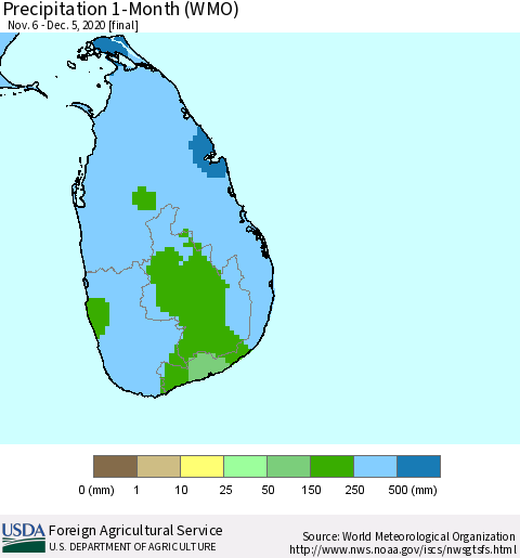 Sri Lanka Precipitation 1-Month (WMO) Thematic Map For 11/6/2020 - 12/5/2020