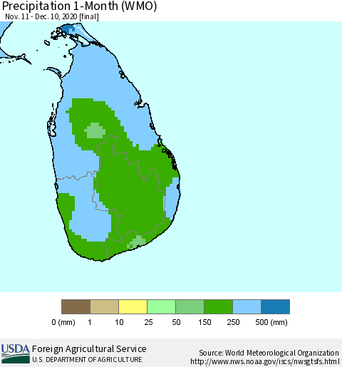 Sri Lanka Precipitation 1-Month (WMO) Thematic Map For 11/11/2020 - 12/10/2020