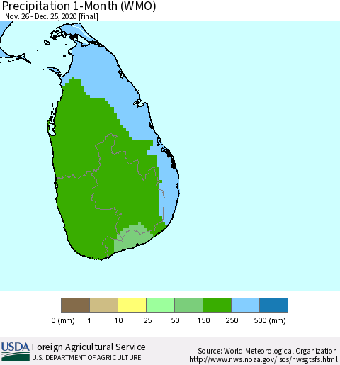 Sri Lanka Precipitation 1-Month (WMO) Thematic Map For 11/26/2020 - 12/25/2020