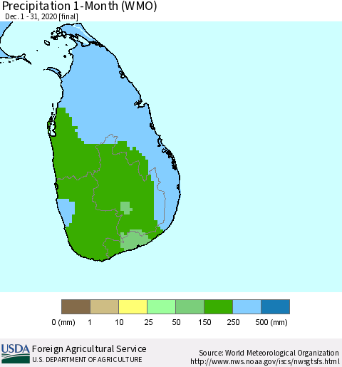 Sri Lanka Precipitation 1-Month (WMO) Thematic Map For 12/1/2020 - 12/31/2020