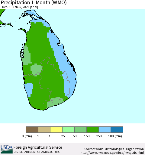 Sri Lanka Precipitation 1-Month (WMO) Thematic Map For 12/6/2020 - 1/5/2021