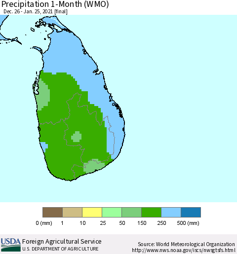 Sri Lanka Precipitation 1-Month (WMO) Thematic Map For 12/26/2020 - 1/25/2021