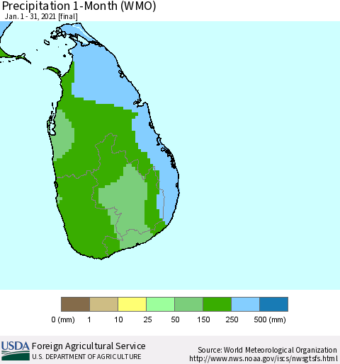 Sri Lanka Precipitation 1-Month (WMO) Thematic Map For 1/1/2021 - 1/31/2021