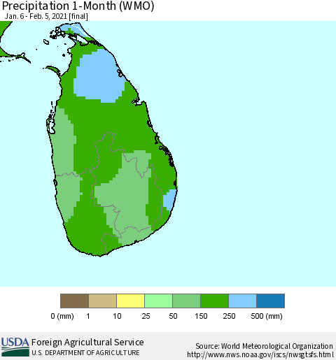 Sri Lanka Precipitation 1-Month (WMO) Thematic Map For 1/6/2021 - 2/5/2021