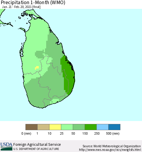 Sri Lanka Precipitation 1-Month (WMO) Thematic Map For 1/21/2021 - 2/20/2021