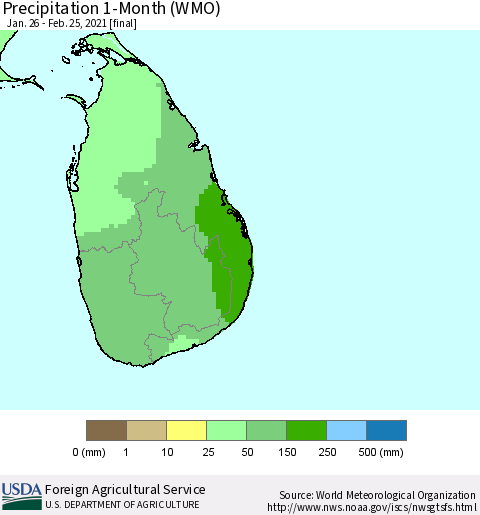 Sri Lanka Precipitation 1-Month (WMO) Thematic Map For 1/26/2021 - 2/25/2021