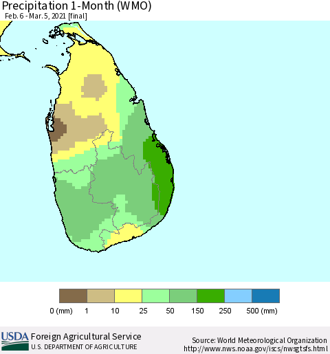 Sri Lanka Precipitation 1-Month (WMO) Thematic Map For 2/6/2021 - 3/5/2021