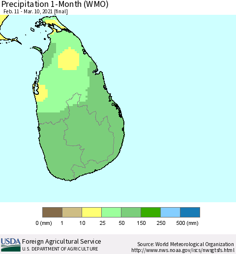 Sri Lanka Precipitation 1-Month (WMO) Thematic Map For 2/11/2021 - 3/10/2021