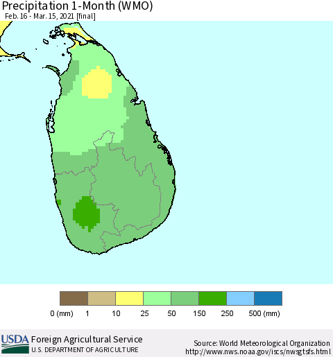 Sri Lanka Precipitation 1-Month (WMO) Thematic Map For 2/16/2021 - 3/15/2021